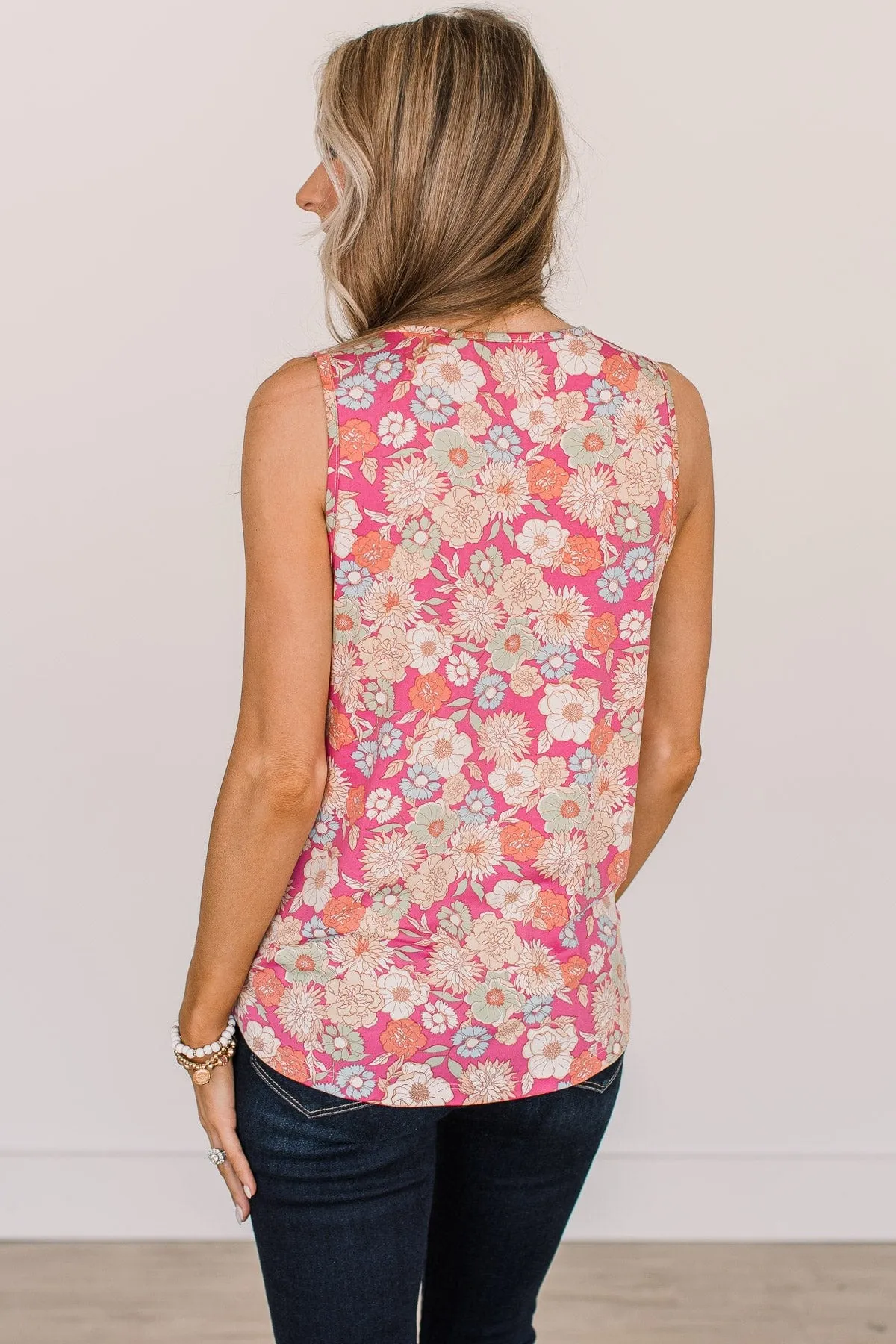Cross Your Path Floral Tank Top- Bright Pink