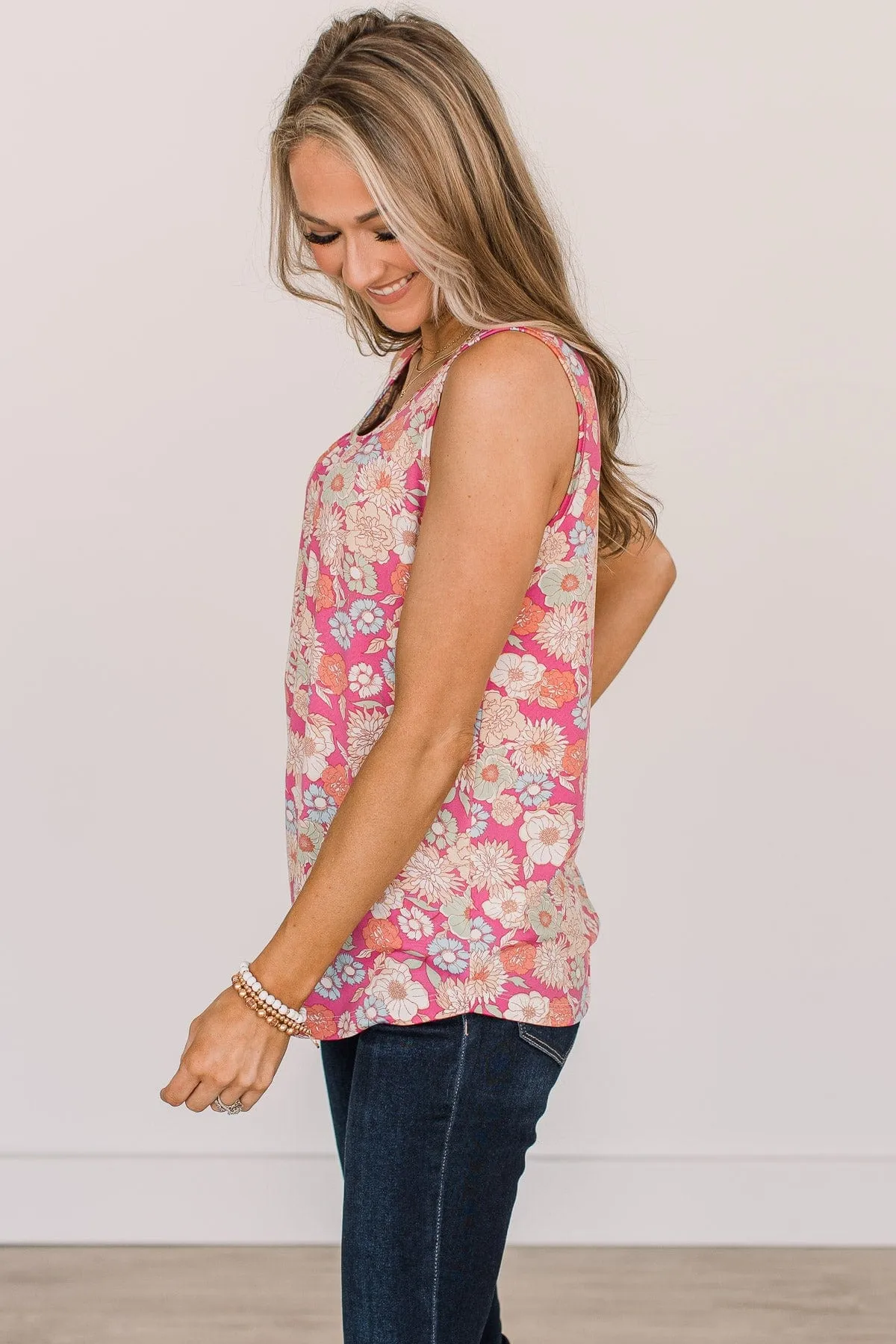 Cross Your Path Floral Tank Top- Bright Pink