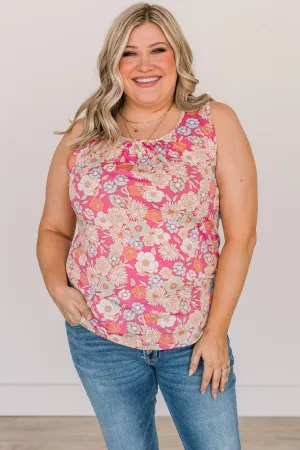 Cross Your Path Floral Tank Top- Bright Pink