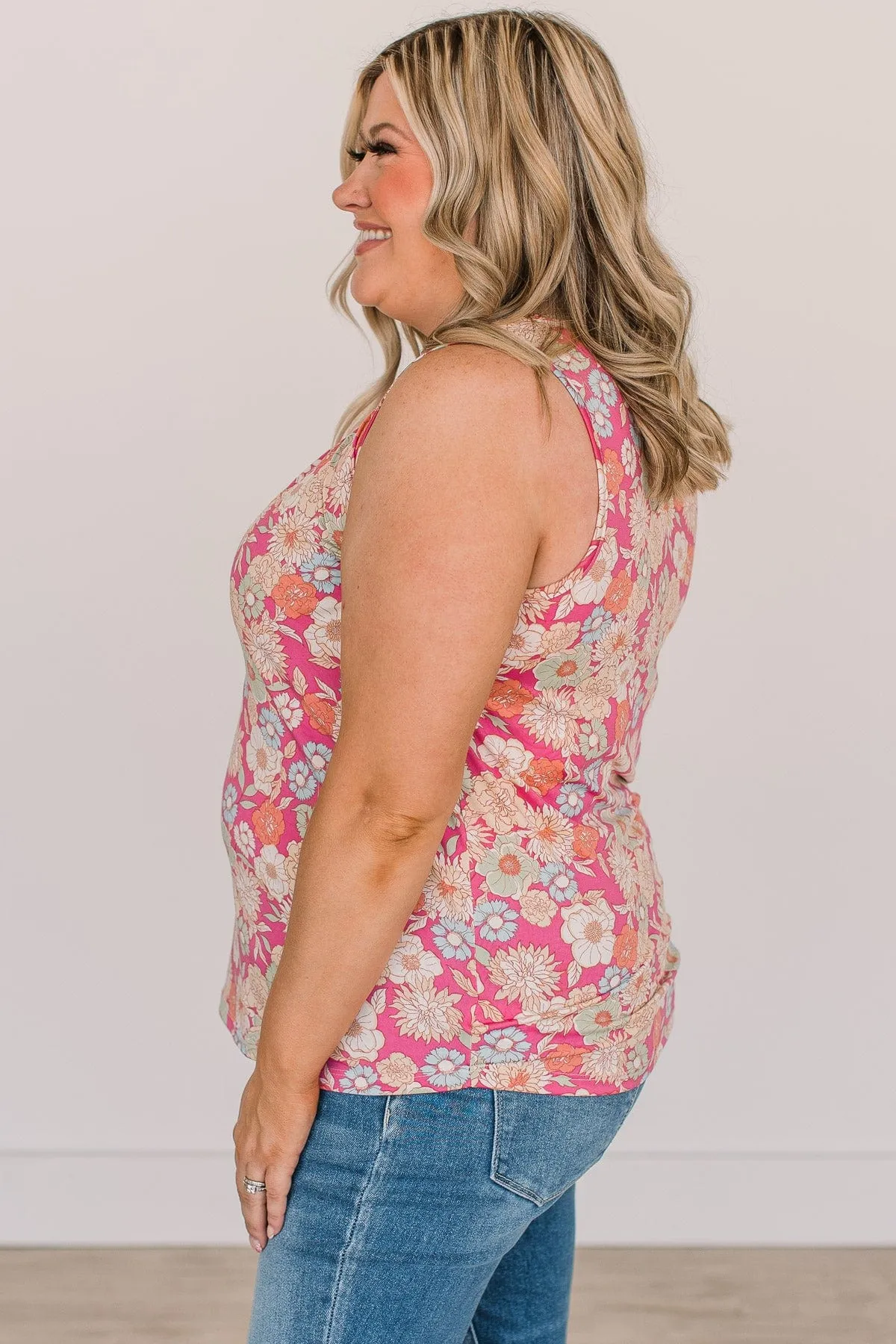 Cross Your Path Floral Tank Top- Bright Pink