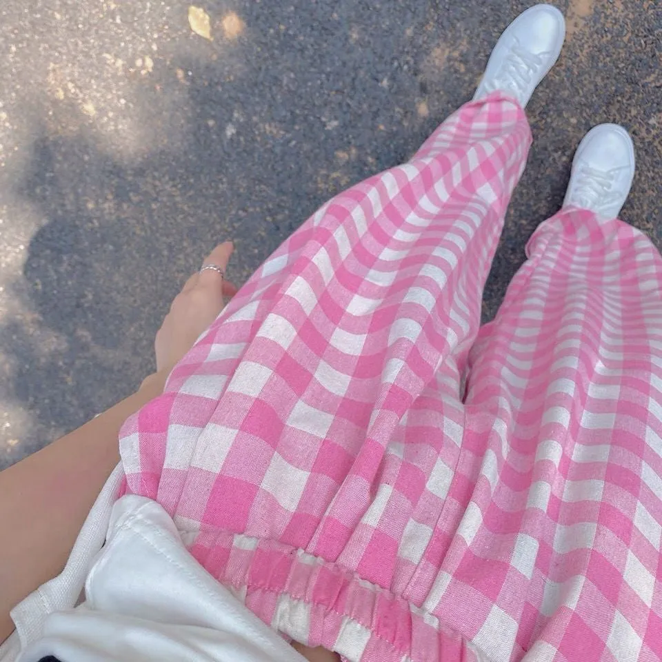 Cute Light Colors Long Loose Plaid Pants