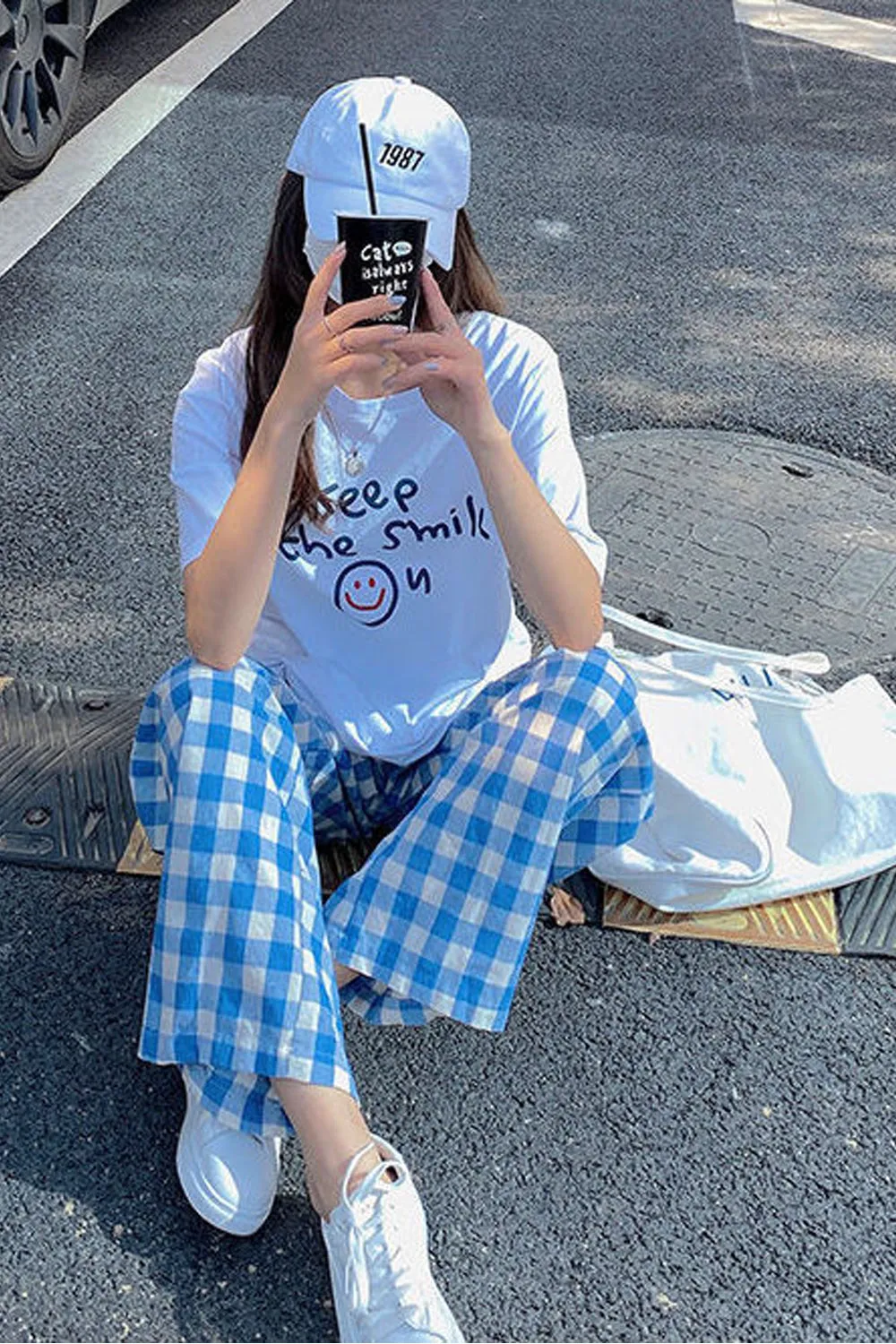Cute Light Colors Long Loose Plaid Pants