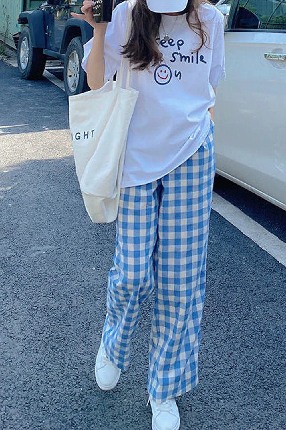 Cute Light Colors Long Loose Plaid Pants