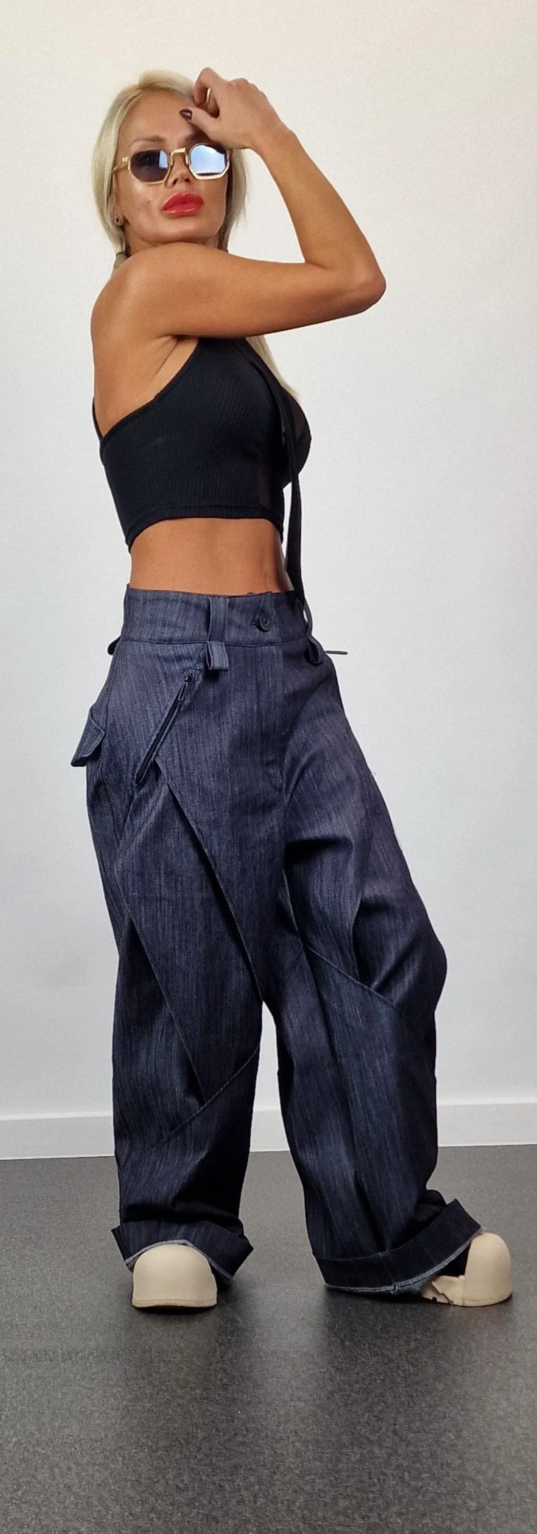 Denim Baggy Pants, Loose Drop Crotch Pants, Steam punk Pants, Loose Trousers, Maxi Pants, Avant-garde Pants, Gaucho pants,Black Trench Pants