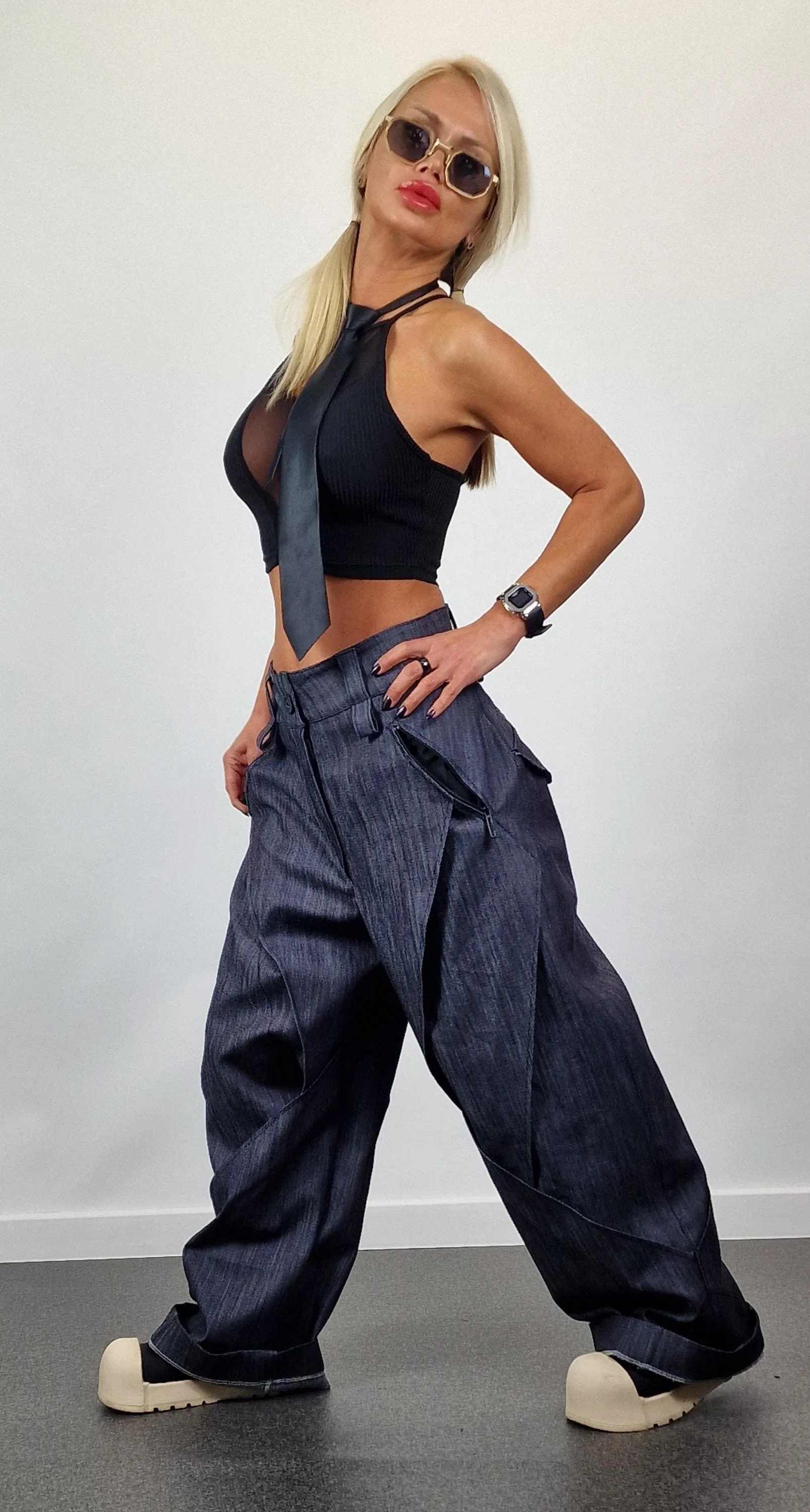 Denim Baggy Pants, Loose Drop Crotch Pants, Steam punk Pants, Loose Trousers, Maxi Pants, Avant-garde Pants, Gaucho pants,Black Trench Pants