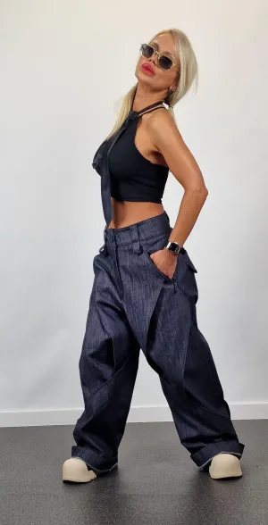 Denim Baggy Pants, Loose Drop Crotch Pants, Steam punk Pants, Loose Trousers, Maxi Pants, Avant-garde Pants, Gaucho pants,Black Trench Pants