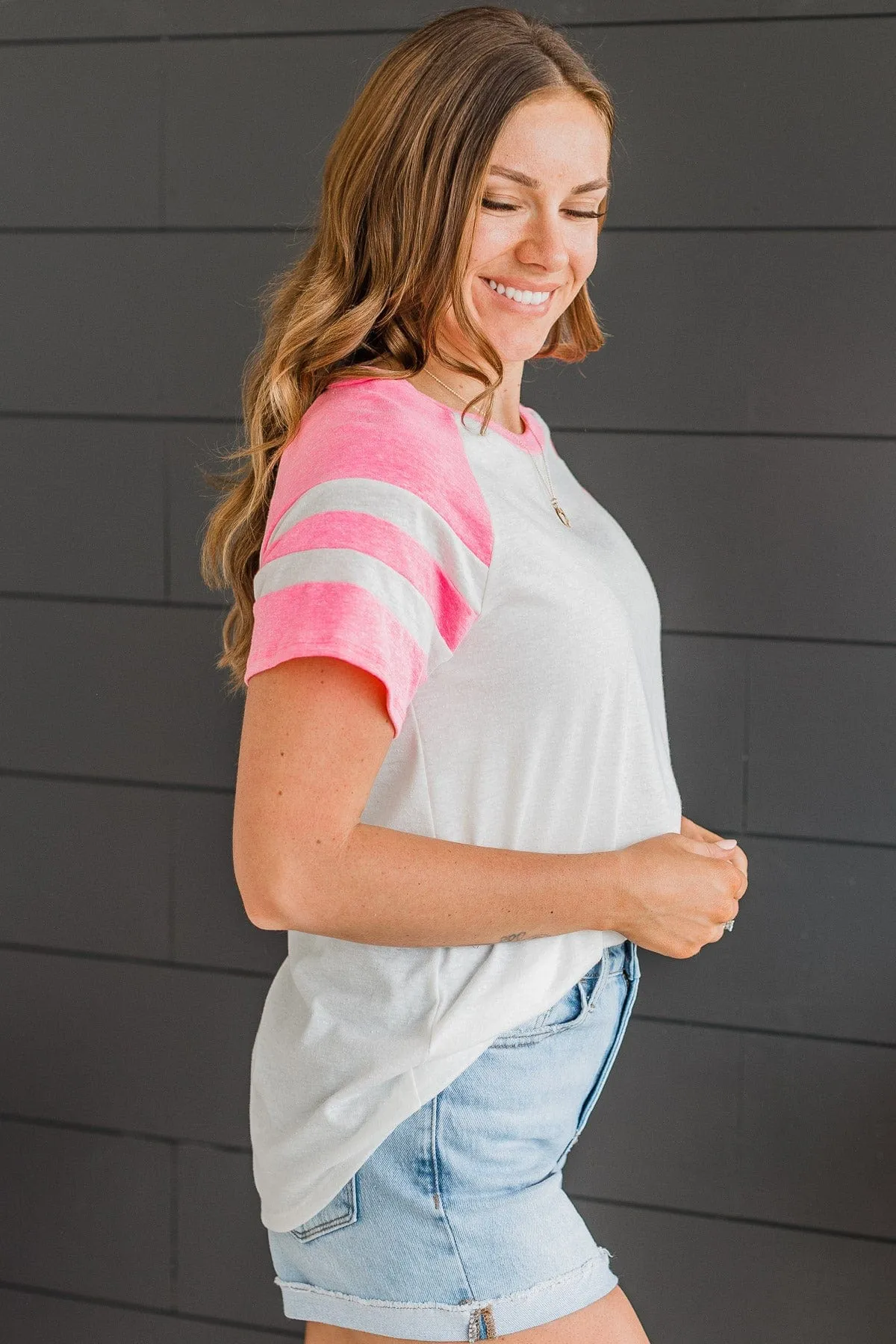Done Playing Games Varsity Top- White & Bright Pink