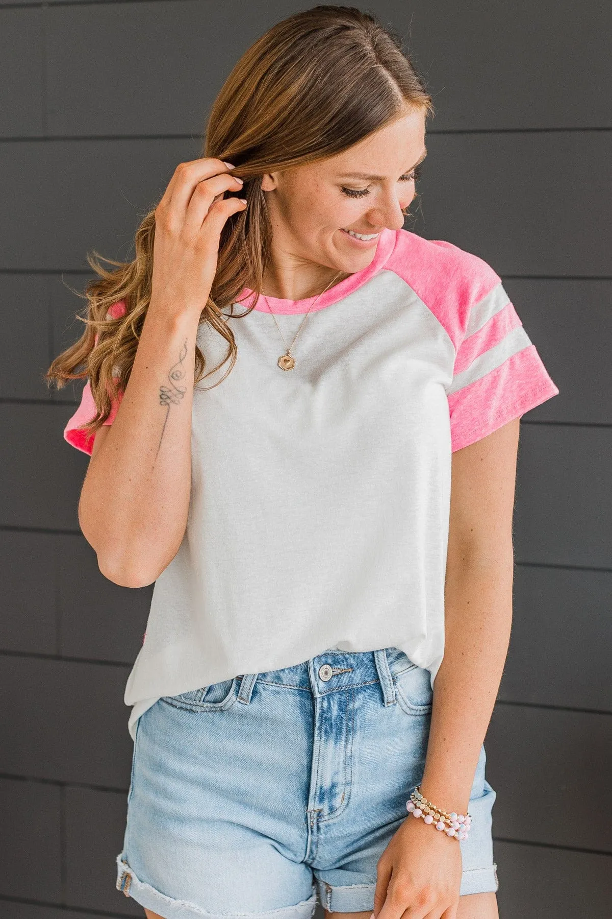 Done Playing Games Varsity Top- White & Bright Pink