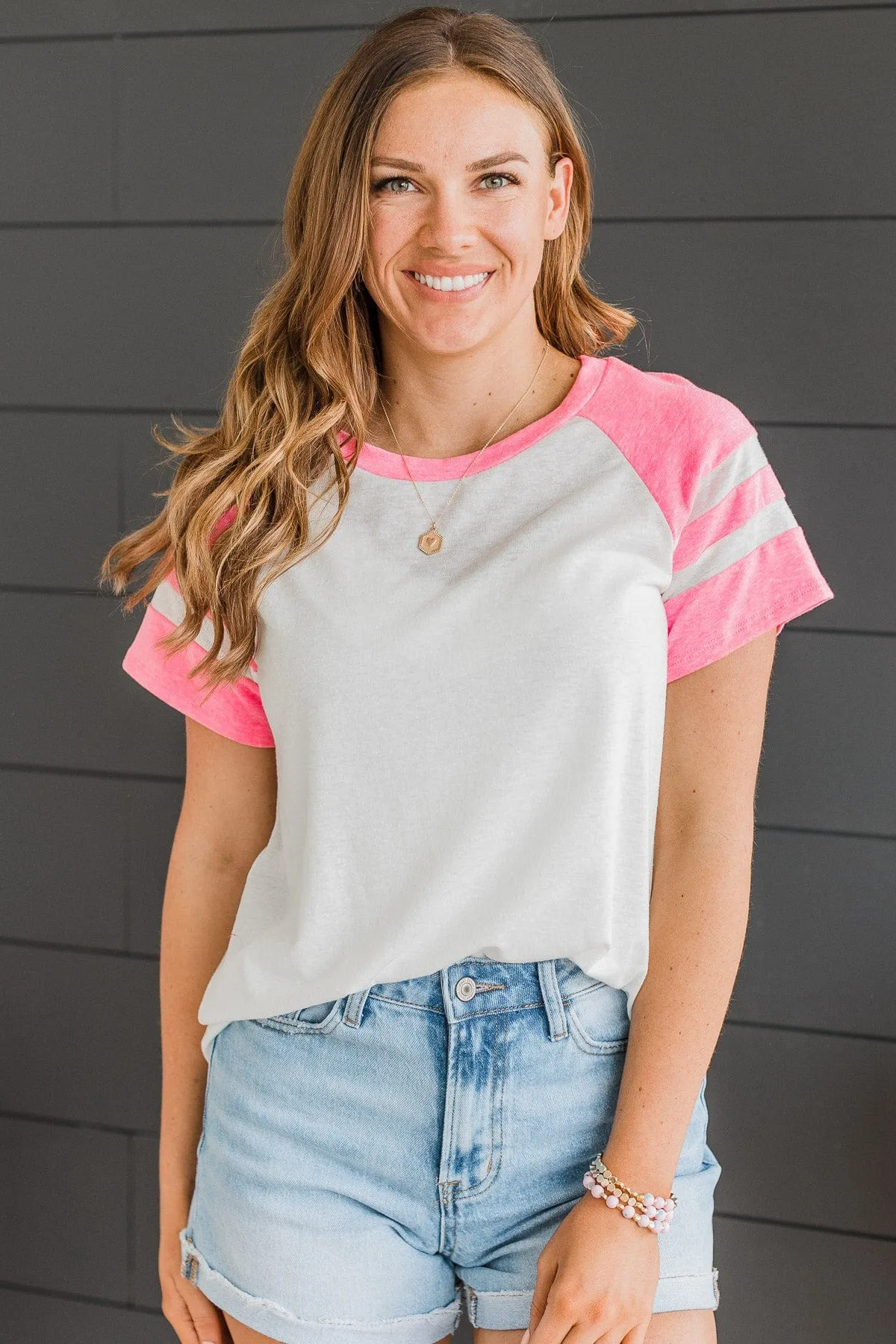 Done Playing Games Varsity Top- White & Bright Pink