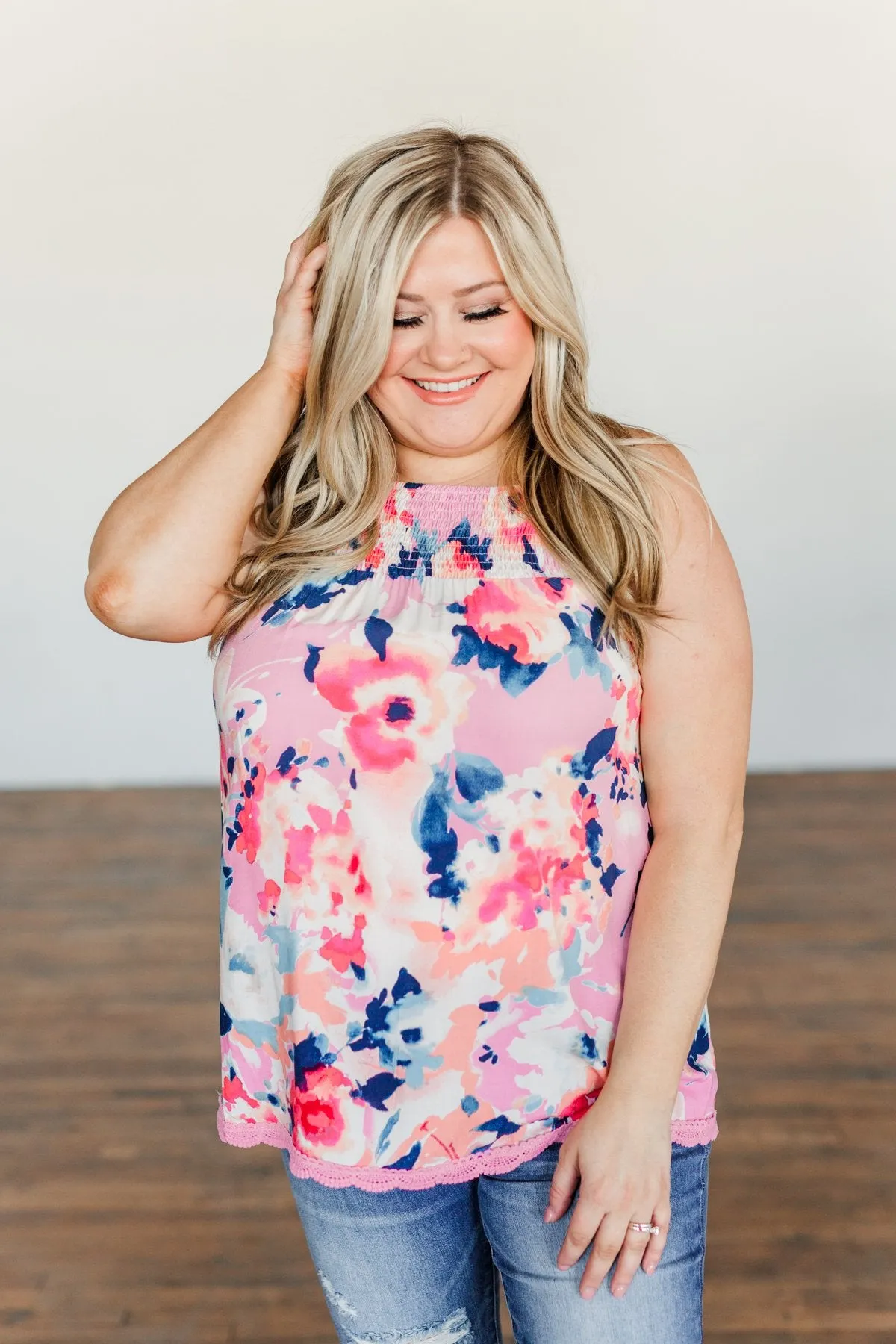 Don't You Wanna Dance Floral Tank Top- Pink, Coral, & Navy