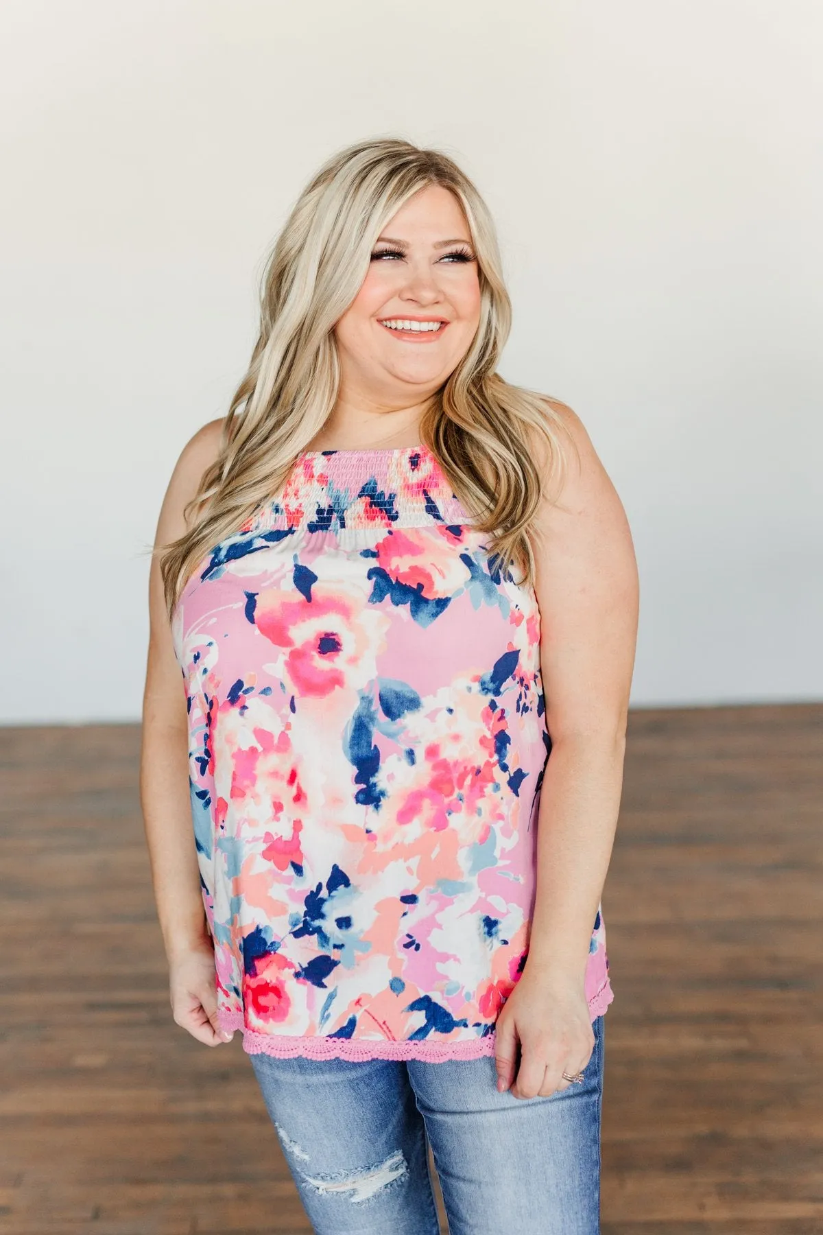 Don't You Wanna Dance Floral Tank Top- Pink, Coral, & Navy