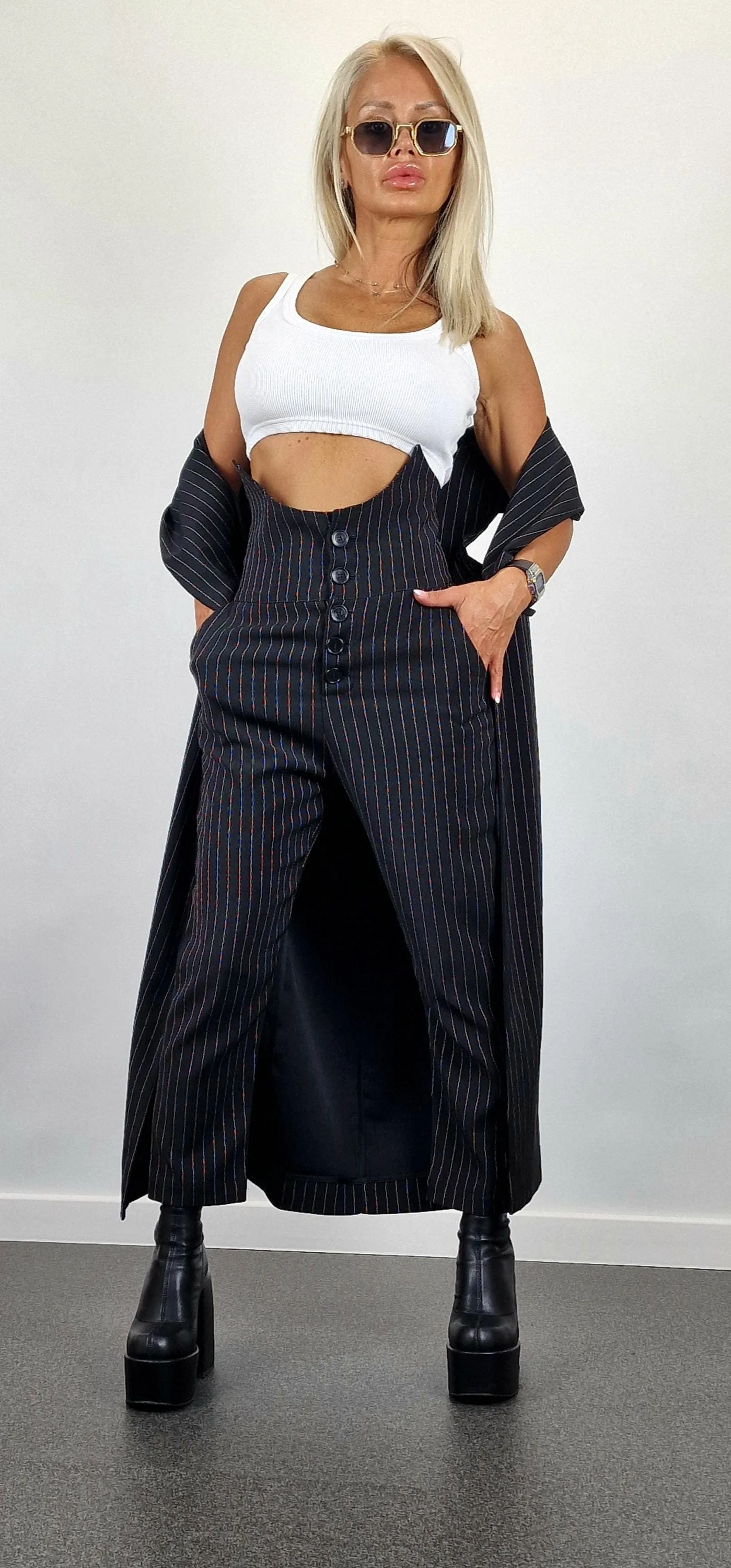 Drop Crotch Pants, Black Striped Pants, High waist Pants, Trapped Pants, Extravagant Trousers, Avant-garde Pants, Party Pants