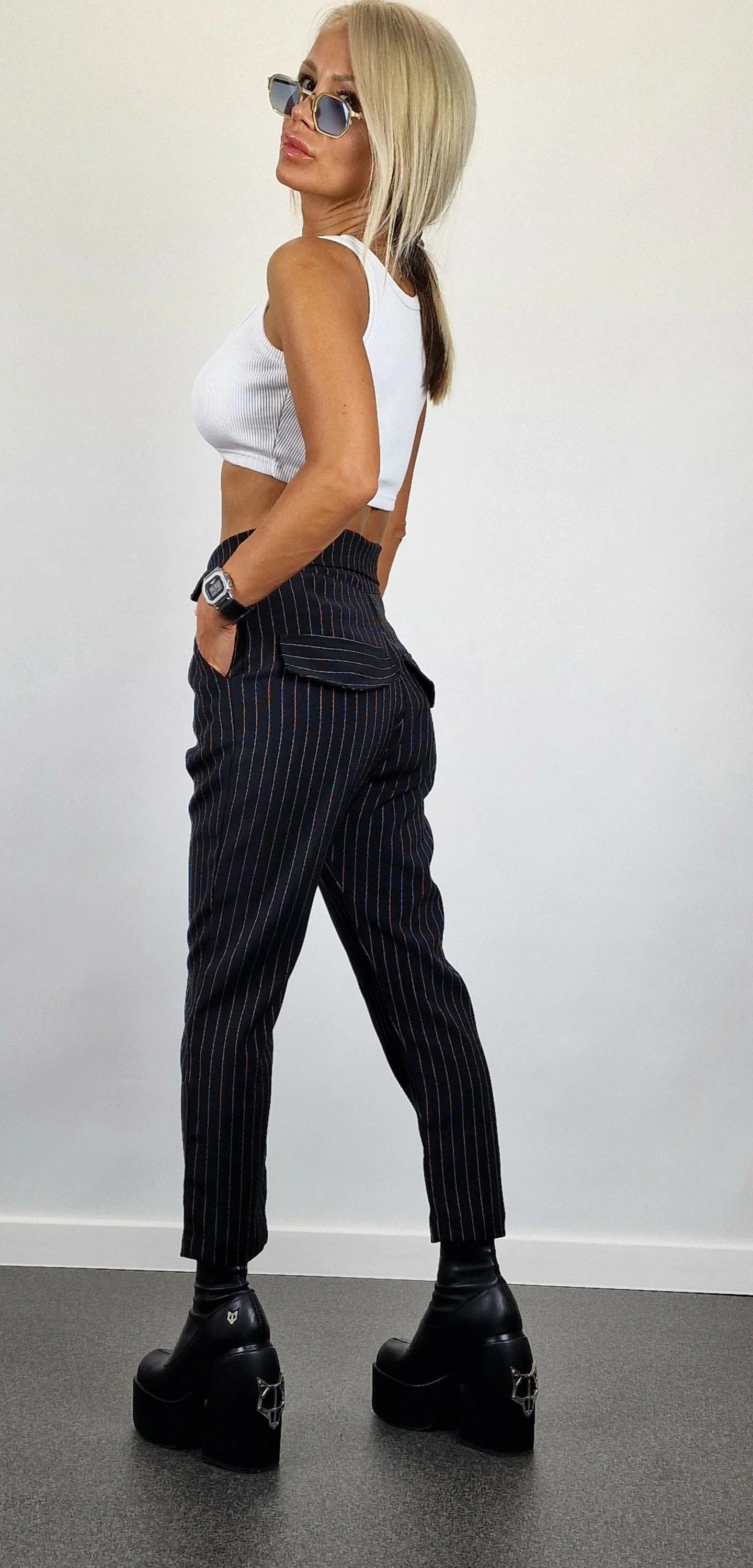 Drop Crotch Pants, Black Striped Pants, High waist Pants, Trapped Pants, Extravagant Trousers, Avant-garde Pants, Party Pants