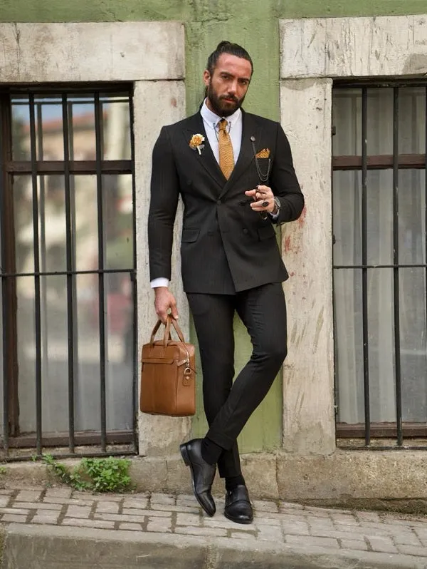 Edmond Black Slim Fit Double Breasted Pinstripe Suit