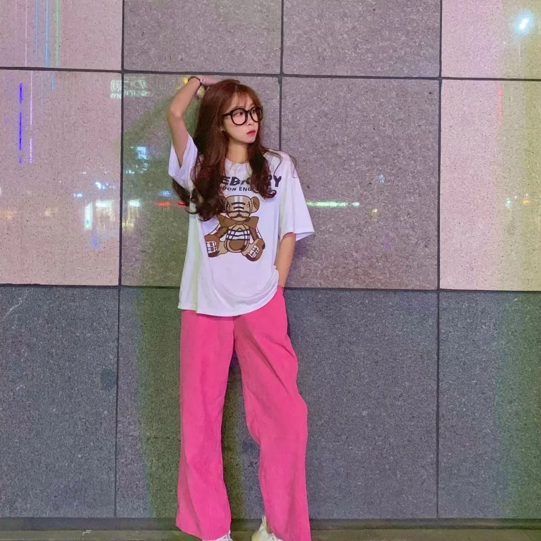Elastic Waist Pink Corduroy Long Pants