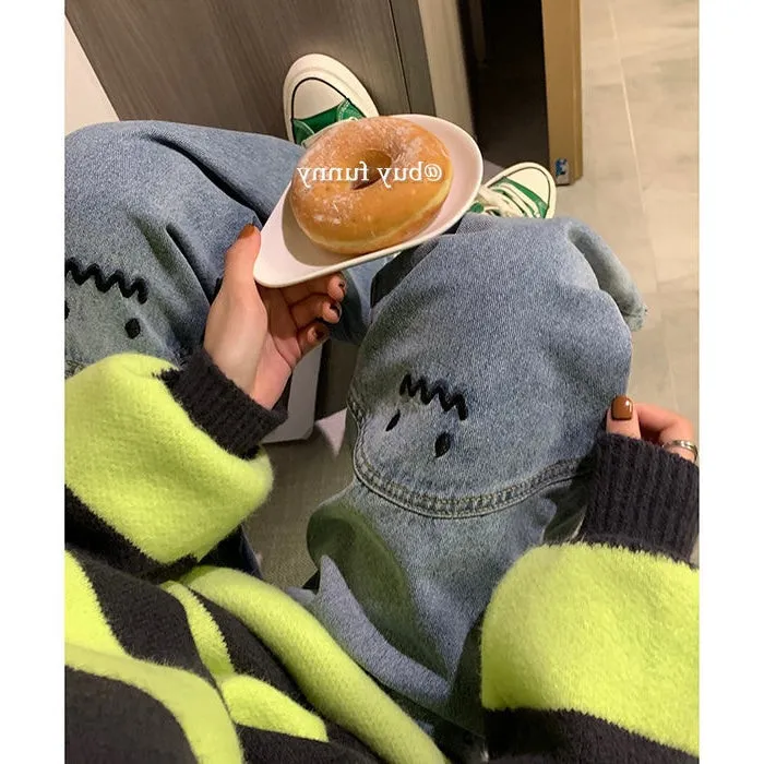 Embroidered Face Emoji Loose Pants