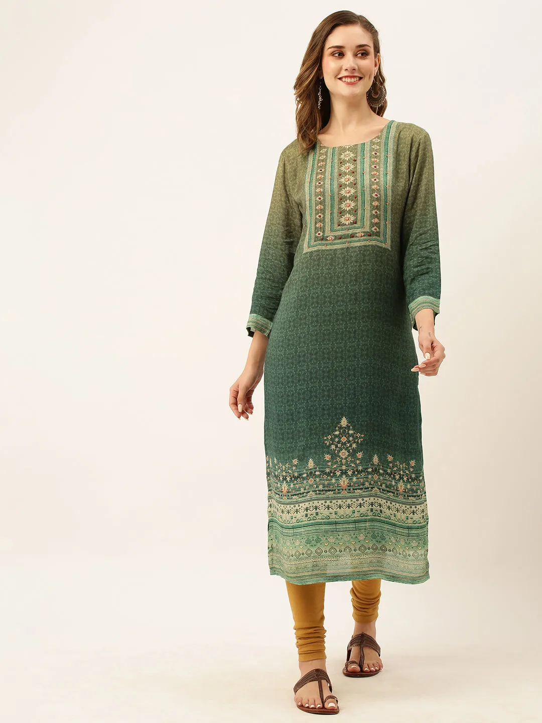 Exclusive Round Neck Muslin Self-Design Pattern Green Straight Kurta For Women - ZOLA