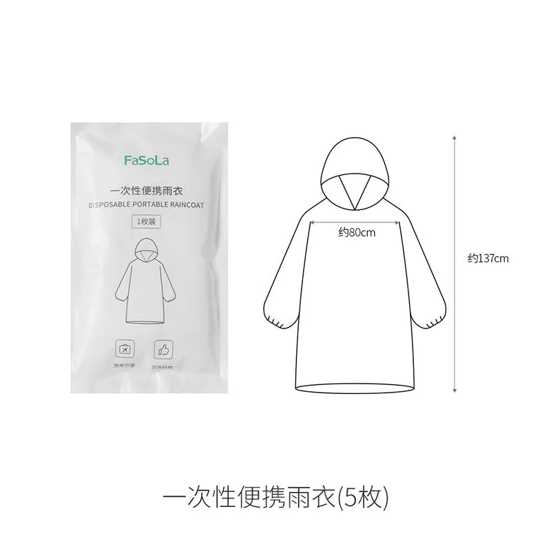 FaSoLa Disposable Portable Raincoat - White, 5 Pack