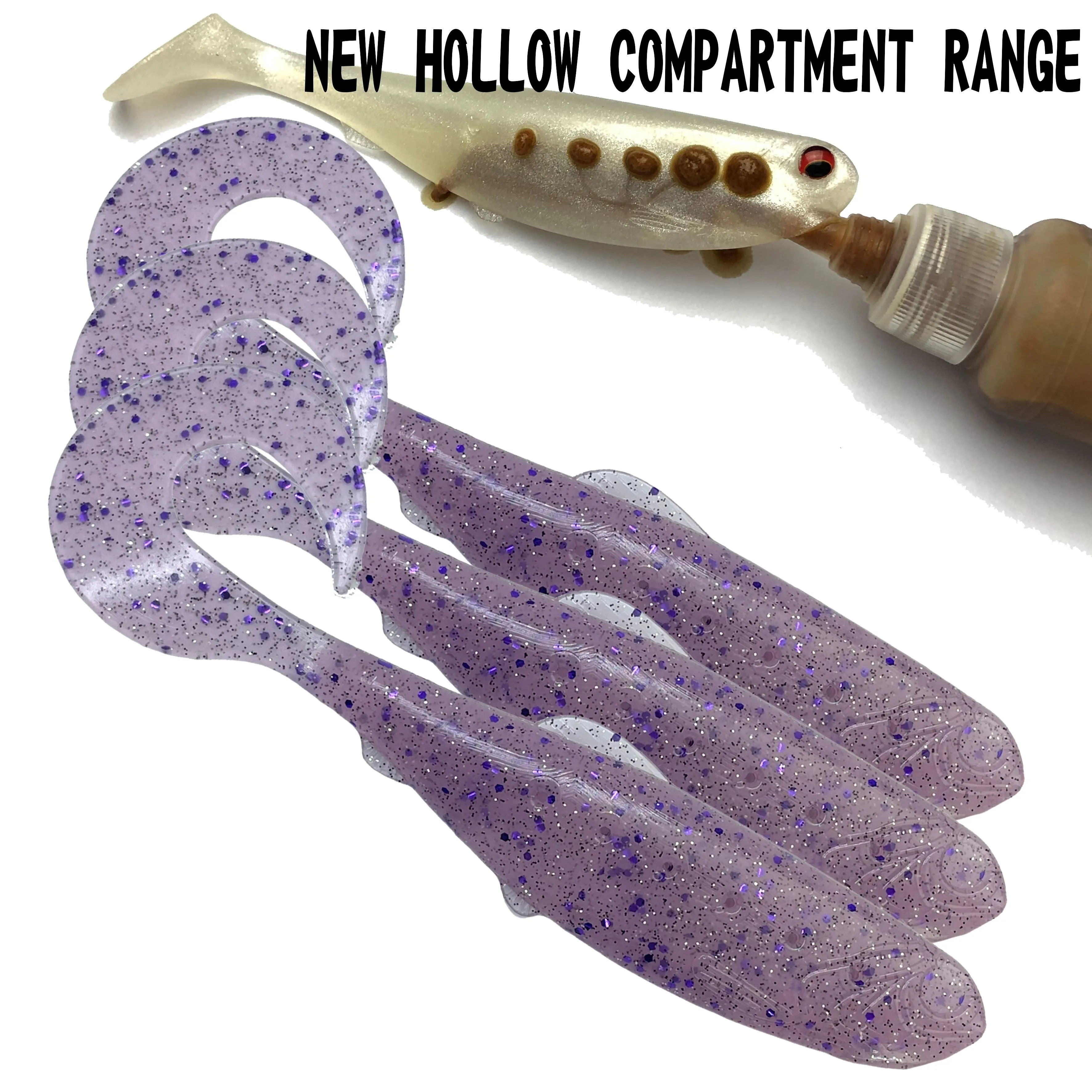 Fish Candy pink curl tail soft plastic new hollow compartment pack of 3