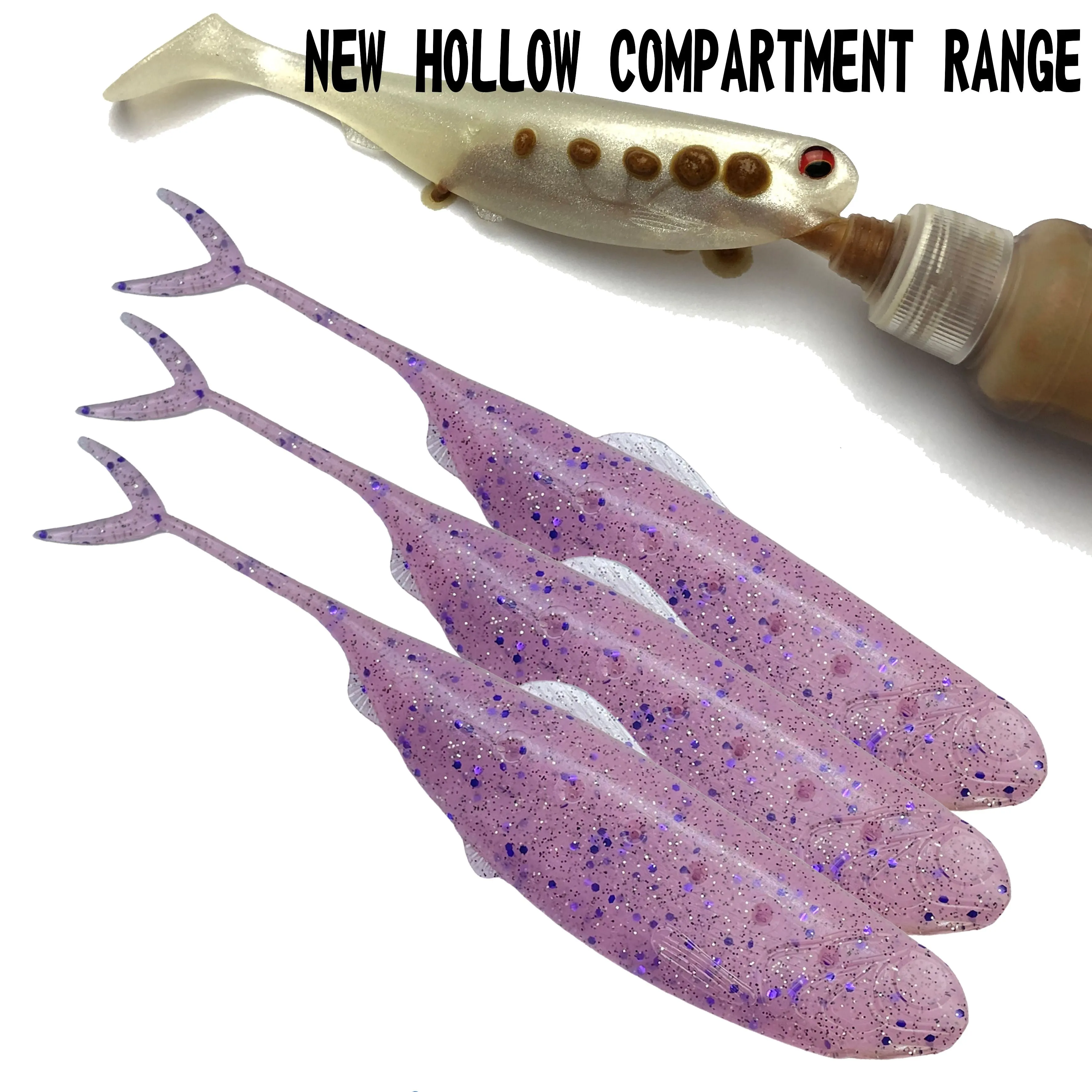 Fish Candy pink fork tail soft plastic new hollow compartment pack of 3