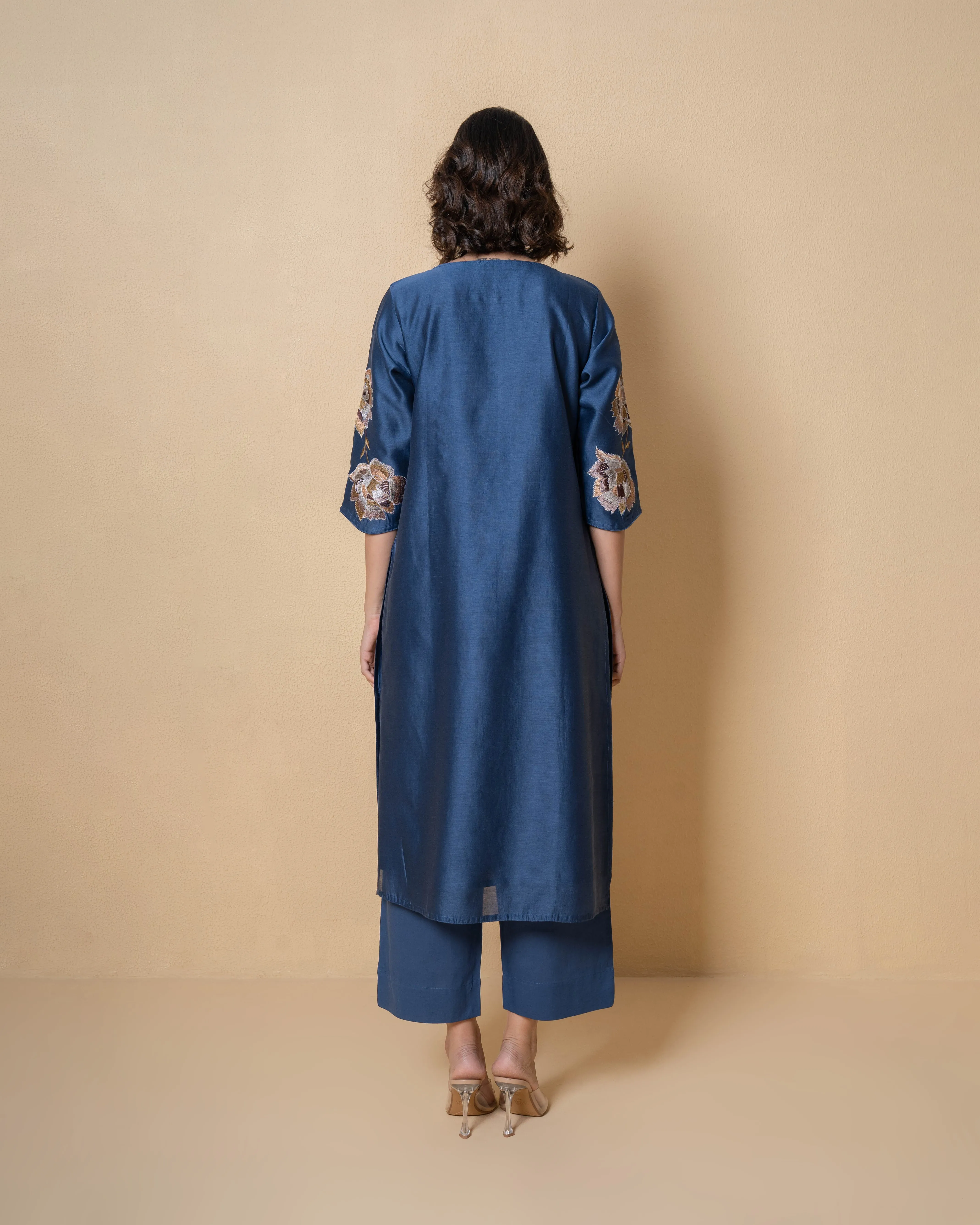 Floral Majesty Embroidered Blue Chanderi Kurta Set