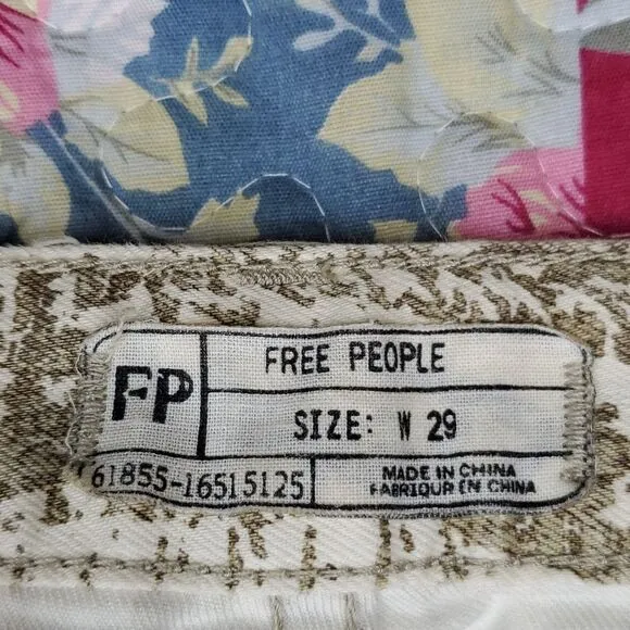 Free People Off-White &amp; Gold Splatter Print Zip Ankle Crop Jeans Pants, Sz 29