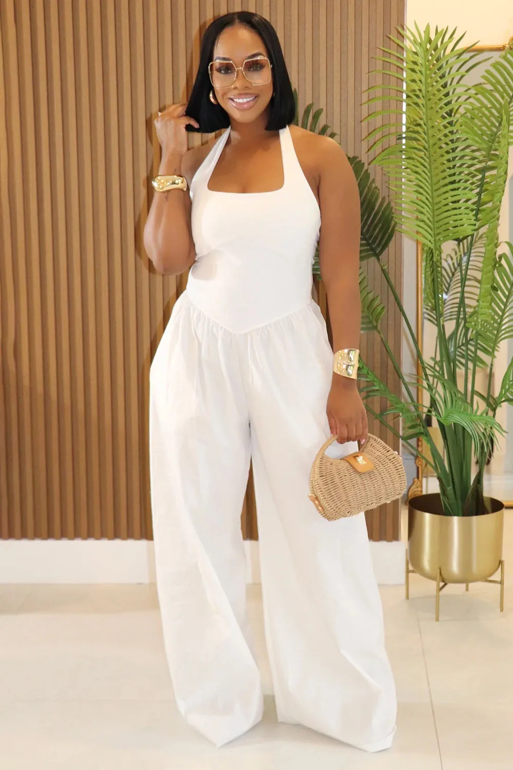 Halter Square Neck Backless Top Wide Leg Pants 2pcs Set-White [Pre Order]