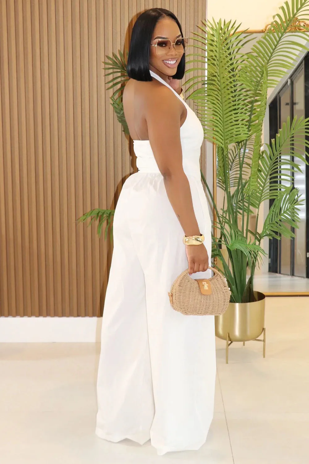 Halter Square Neck Backless Top Wide Leg Pants 2pcs Set-White [Pre Order]