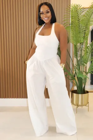 Halter Square Neck Backless Top Wide Leg Pants 2pcs Set-White [Pre Order]