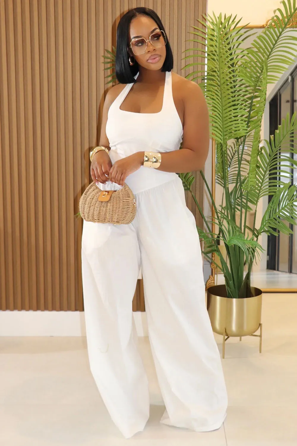 Halter Square Neck Backless Top Wide Leg Pants 2pcs Set-White [Pre Order]