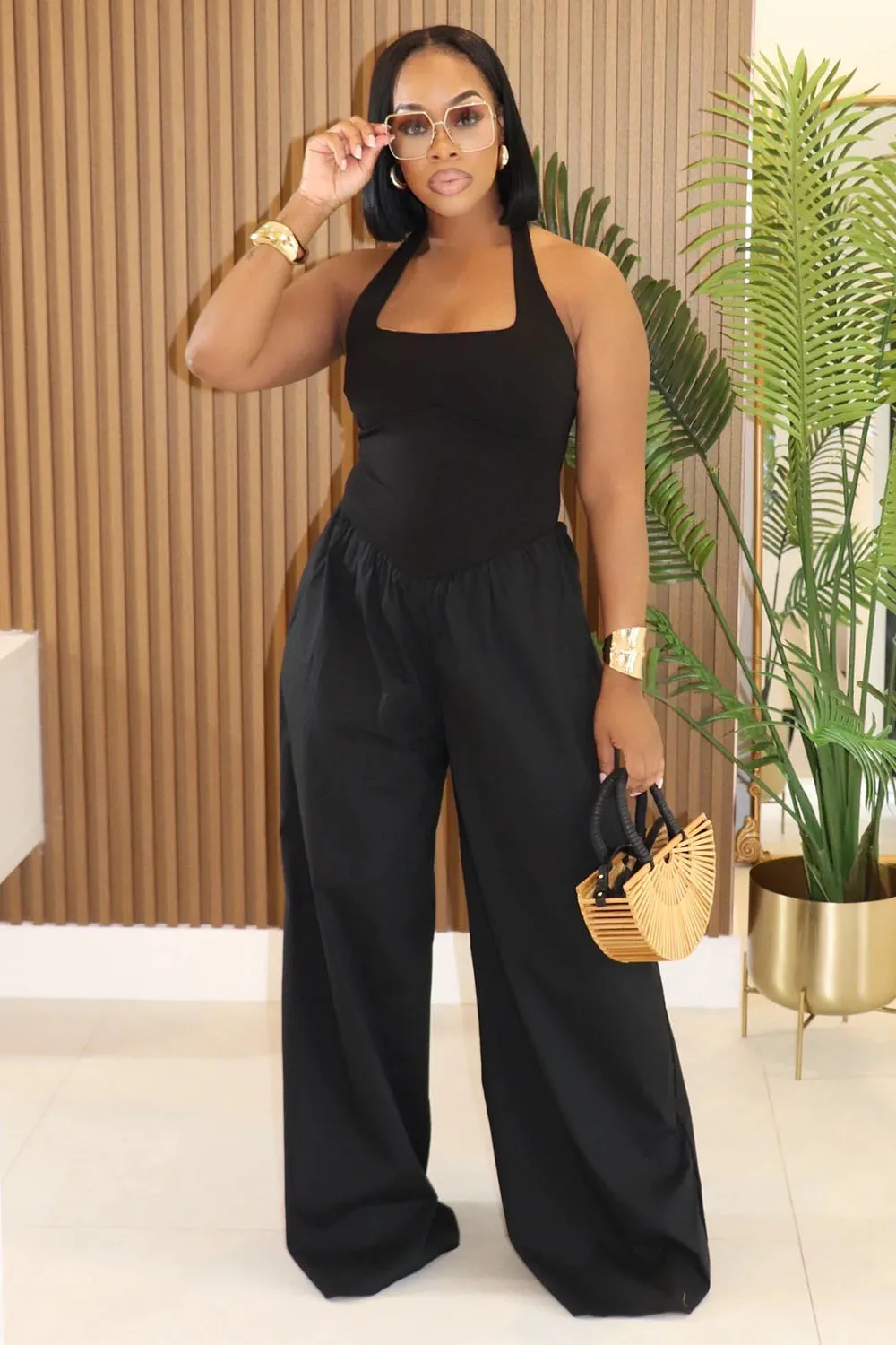 Halter Square Neck Backless Top Wide Leg Pants 2pcs Set-White [Pre Order]