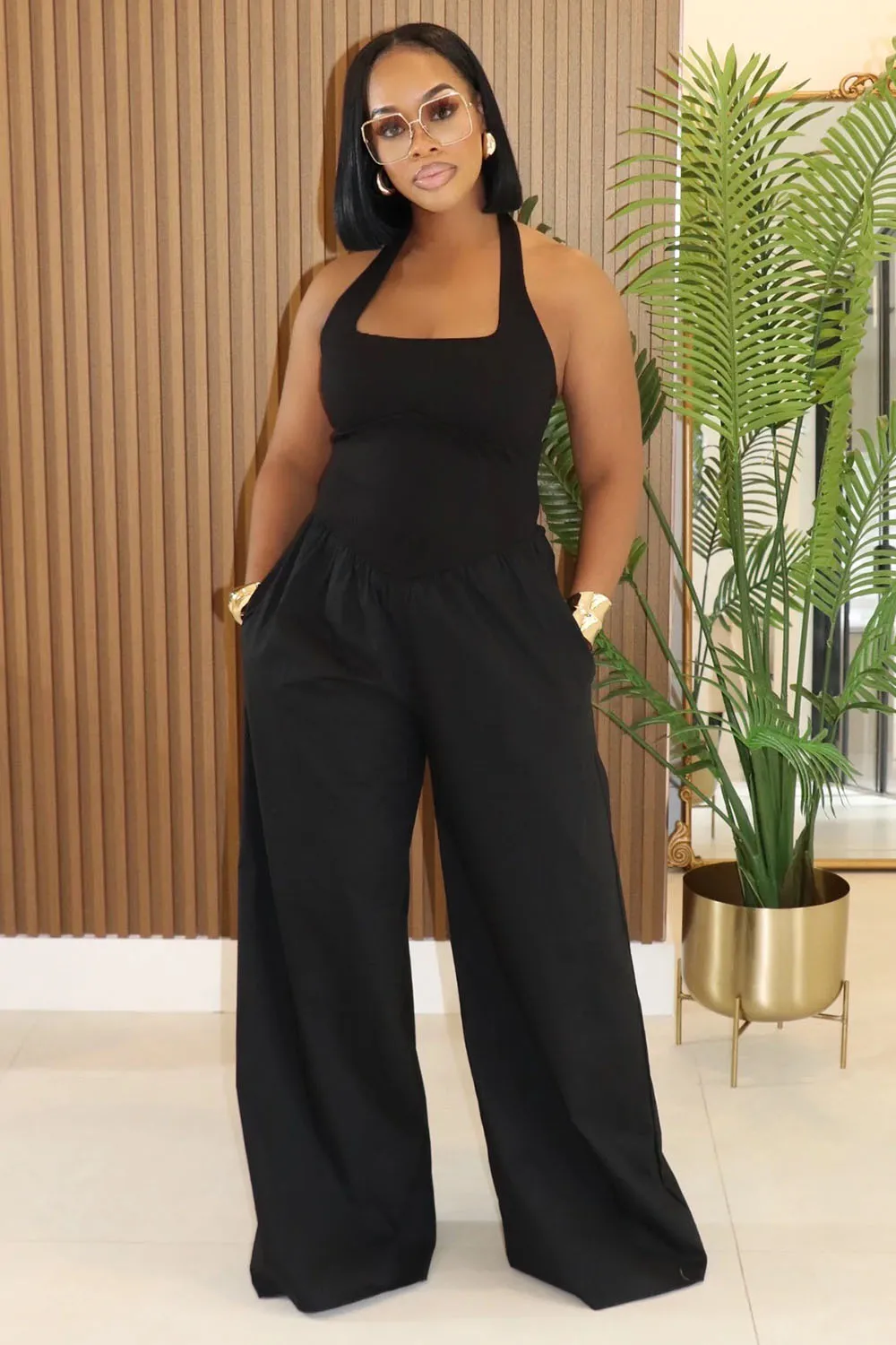 Halter Square Neck Backless Top Wide Leg Pants 2pcs Set-White [Pre Order]
