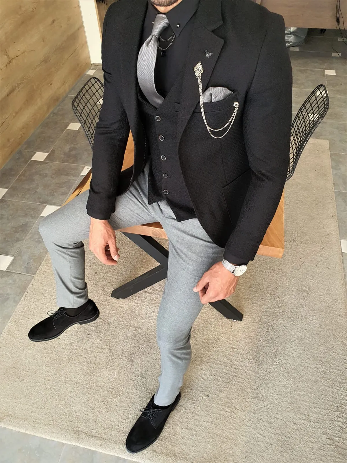 Henderson Jet Black Slim Fit Three-Piece Suit