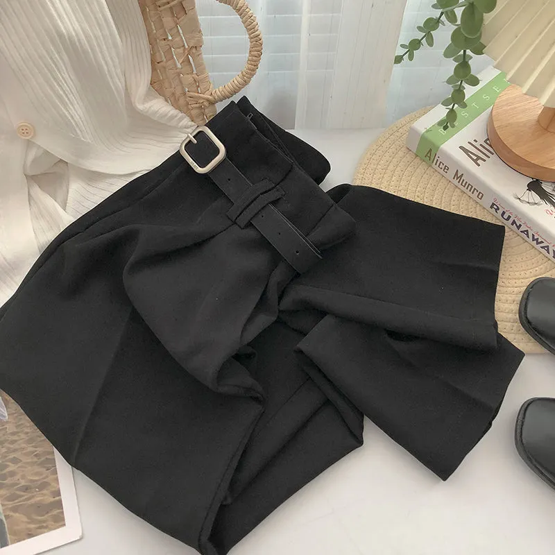 High Waist Belted Loose Office Long Pants