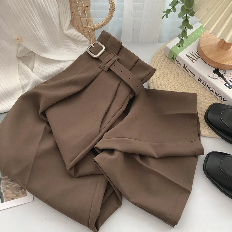 High Waist Belted Loose Office Long Pants