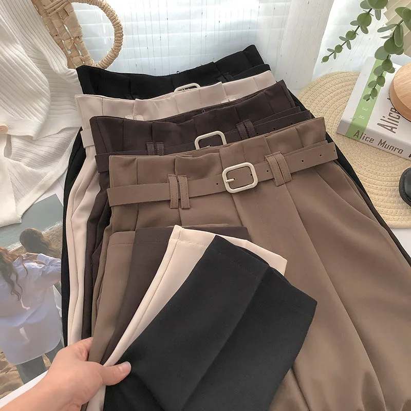 High Waist Belted Loose Office Long Pants