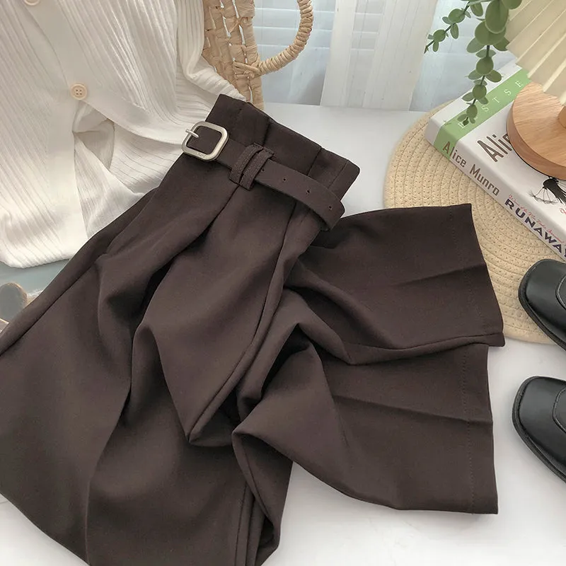 High Waist Belted Loose Office Long Pants