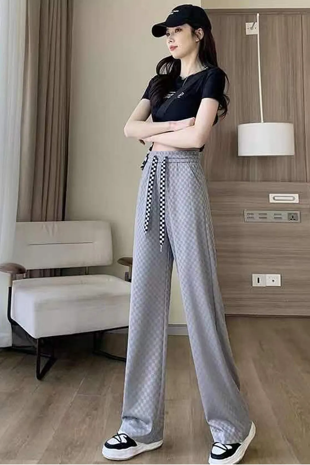 High Waist Checkered Colors Long Loose Pants