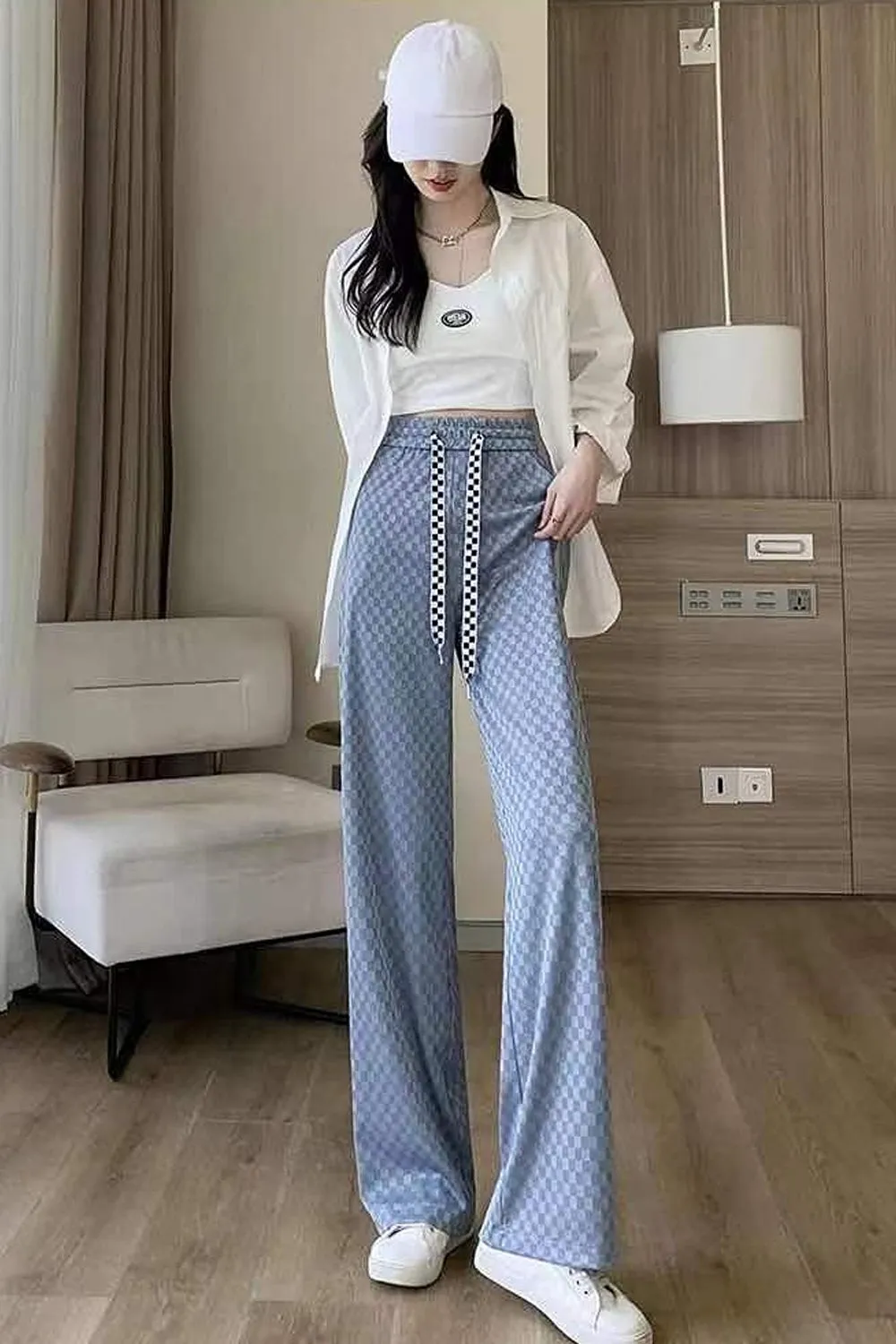 High Waist Checkered Colors Long Loose Pants