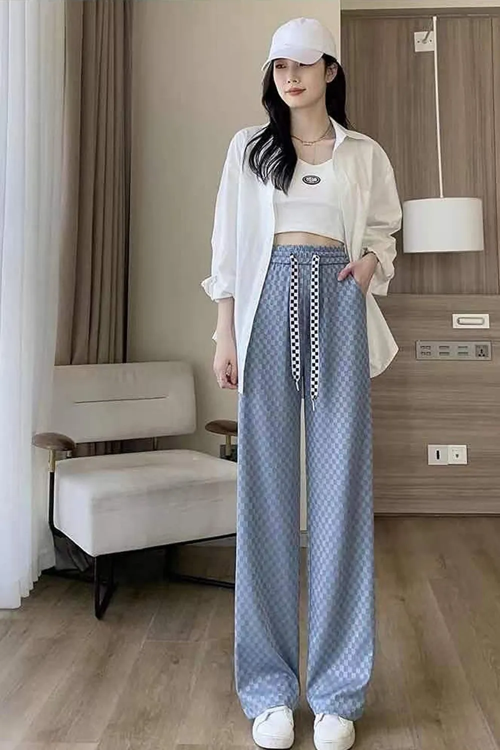 High Waist Checkered Colors Long Loose Pants