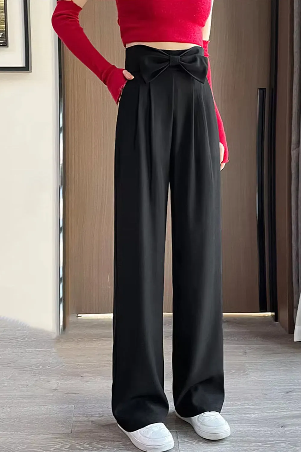 High Waist Cute Bow Spliced Loose Office Pants