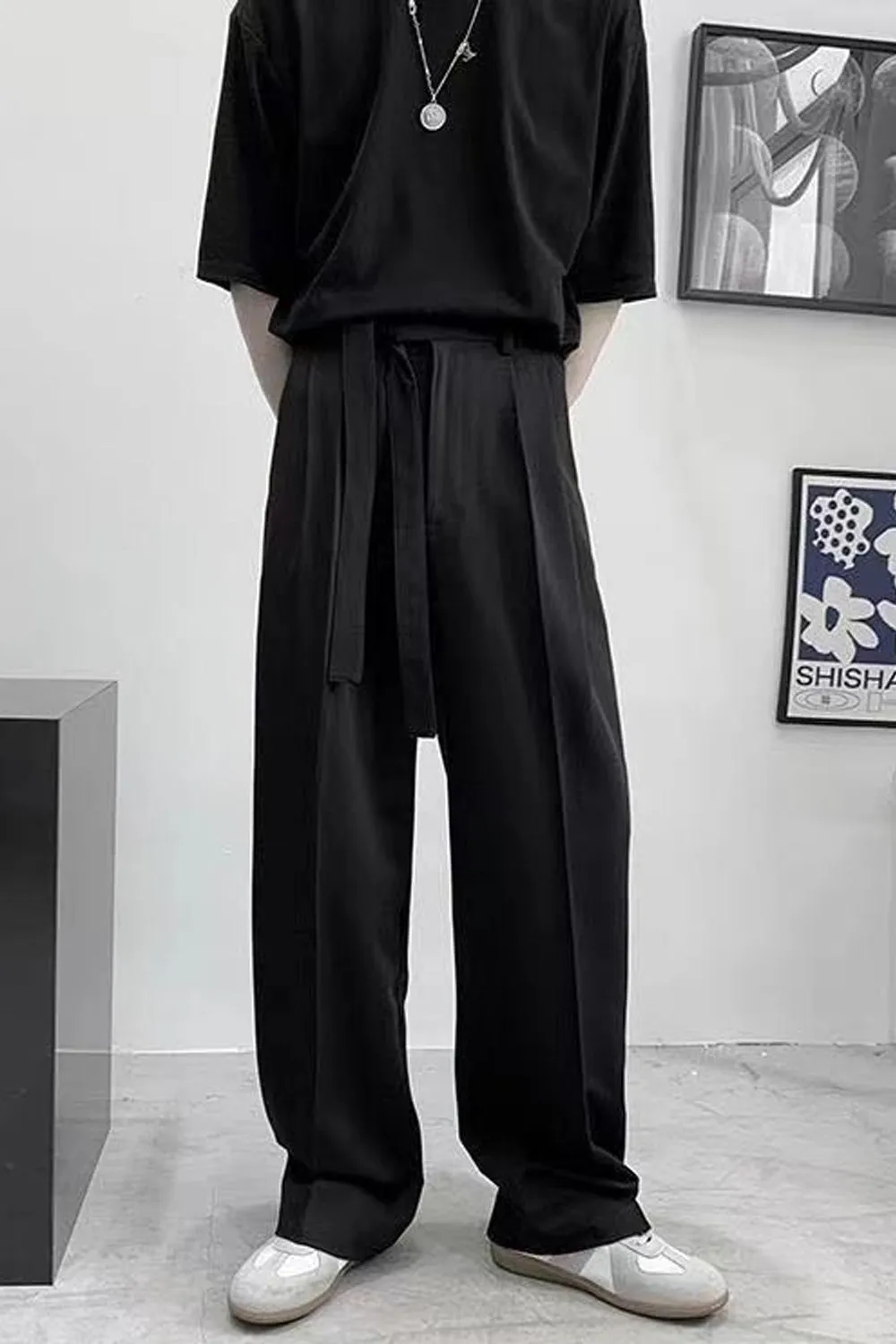 High Waist Loose Belted Straight Long Pants