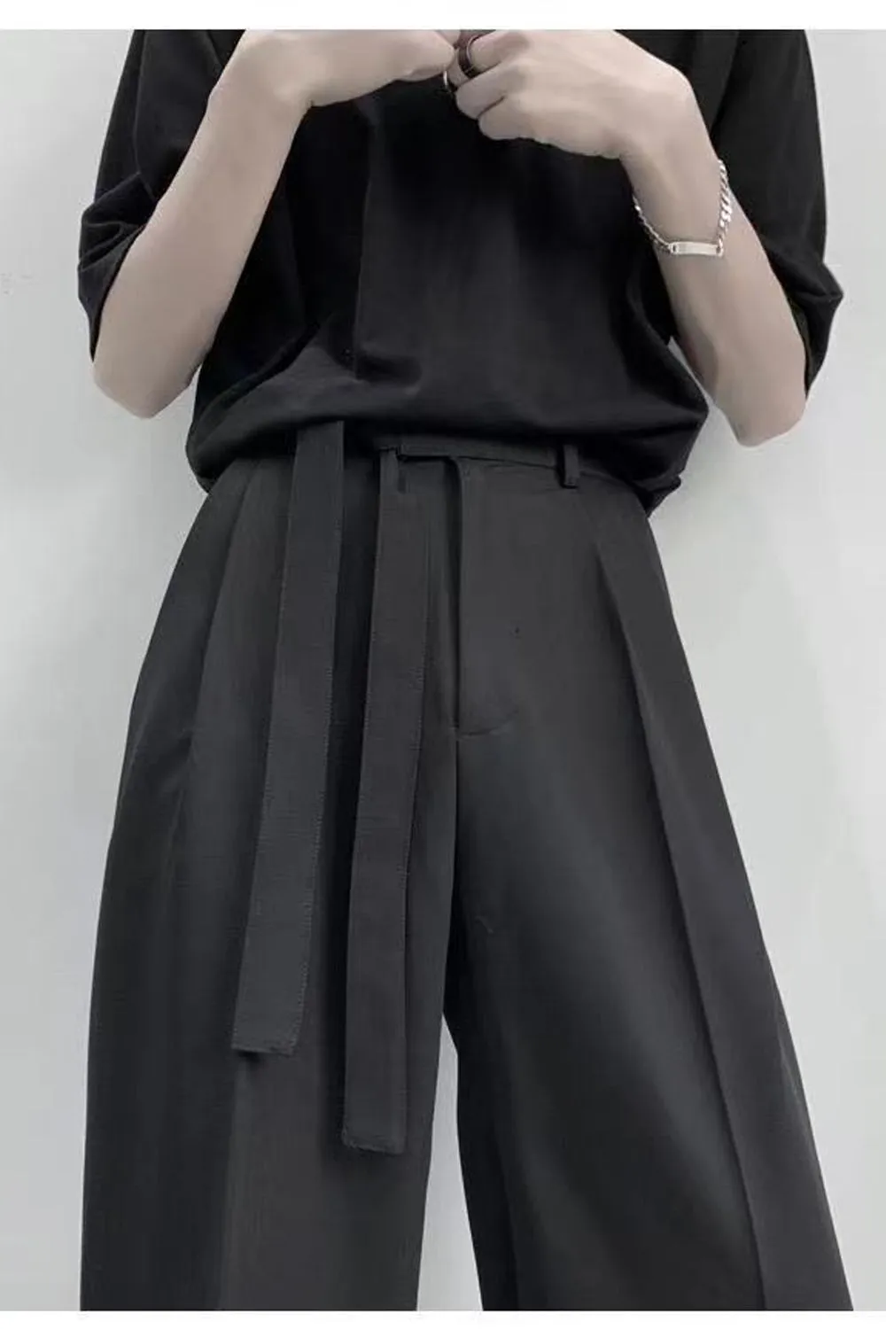 High Waist Loose Belted Straight Long Pants
