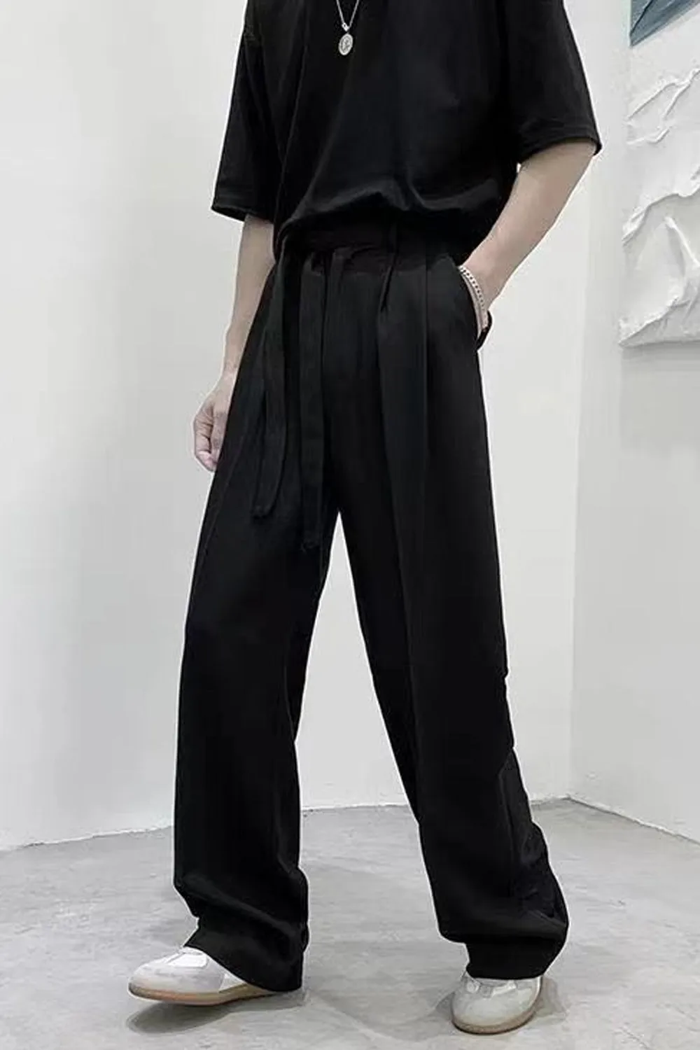 High Waist Loose Belted Straight Long Pants