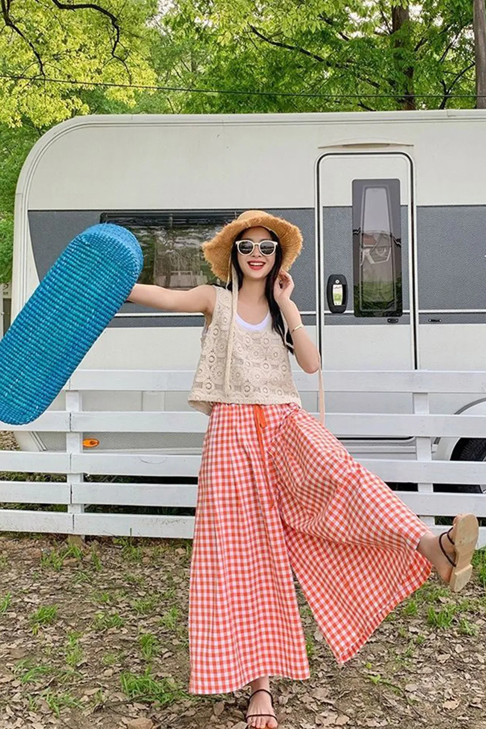 High Waist Loose Wide Leg Plaid Pants