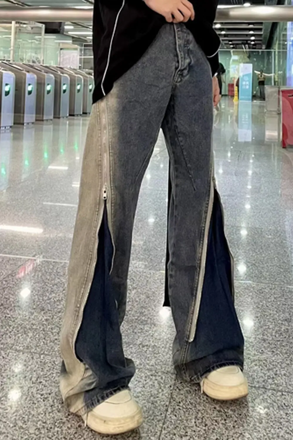 High Waist Personalized Zipper Design Washed Jeans Pants