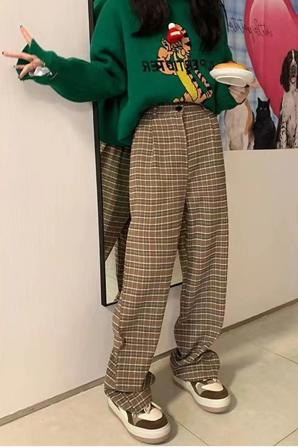 High Waist Retro Brown Plaid Long Pants
