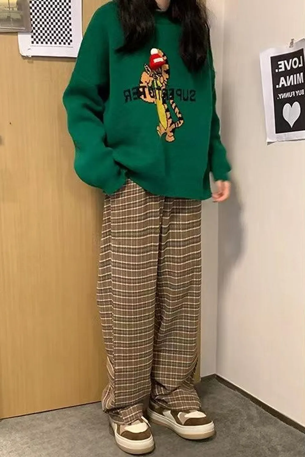 High Waist Retro Brown Plaid Long Pants