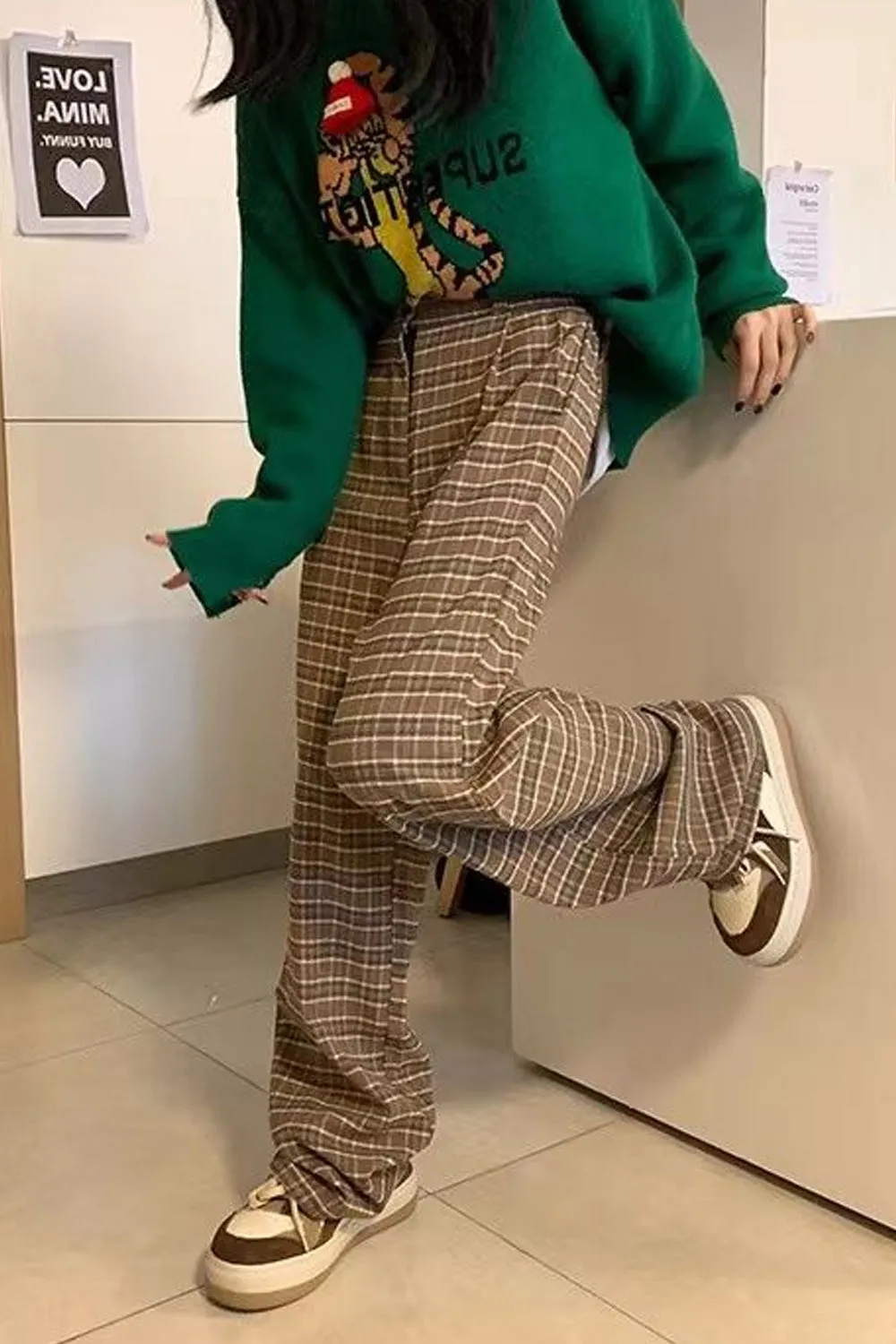 High Waist Retro Brown Plaid Long Pants