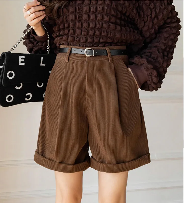 High Waist Retro Loose Corduroy Shorts with Belt